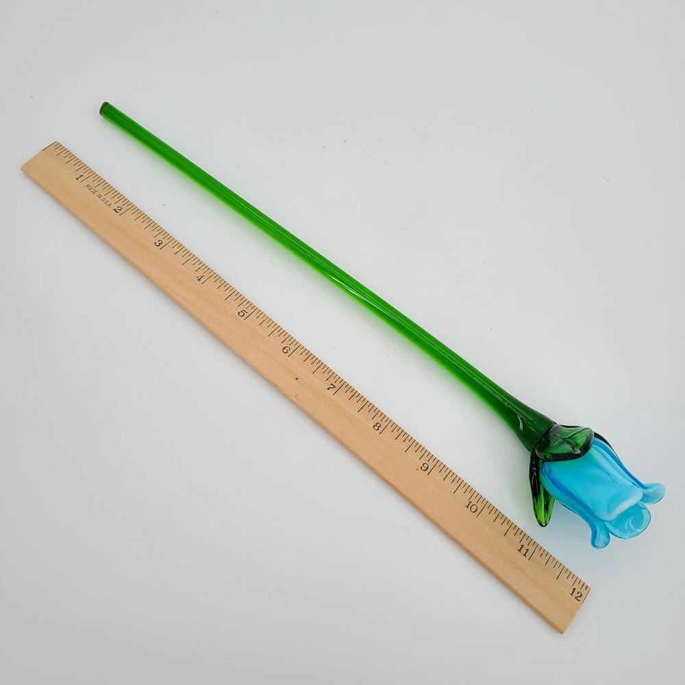 Vintage Blown Art Glass Long 12" Green Stemmed Blue Rose Bud Decorative Flower - Picture 3 of 6